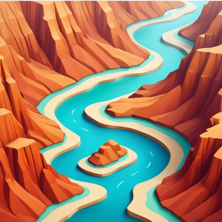 Brown and beige and red-orange canyon, 3D isometric realistic, with blue-green river emoji