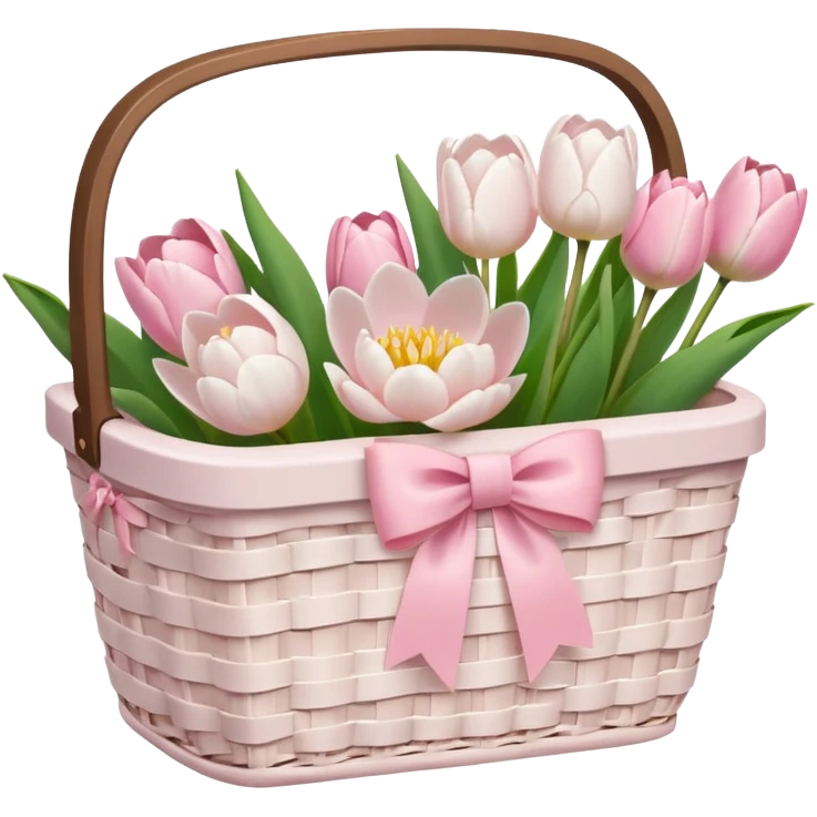 A white Picnic basket with light pink bow, white peonie, tulips emoji