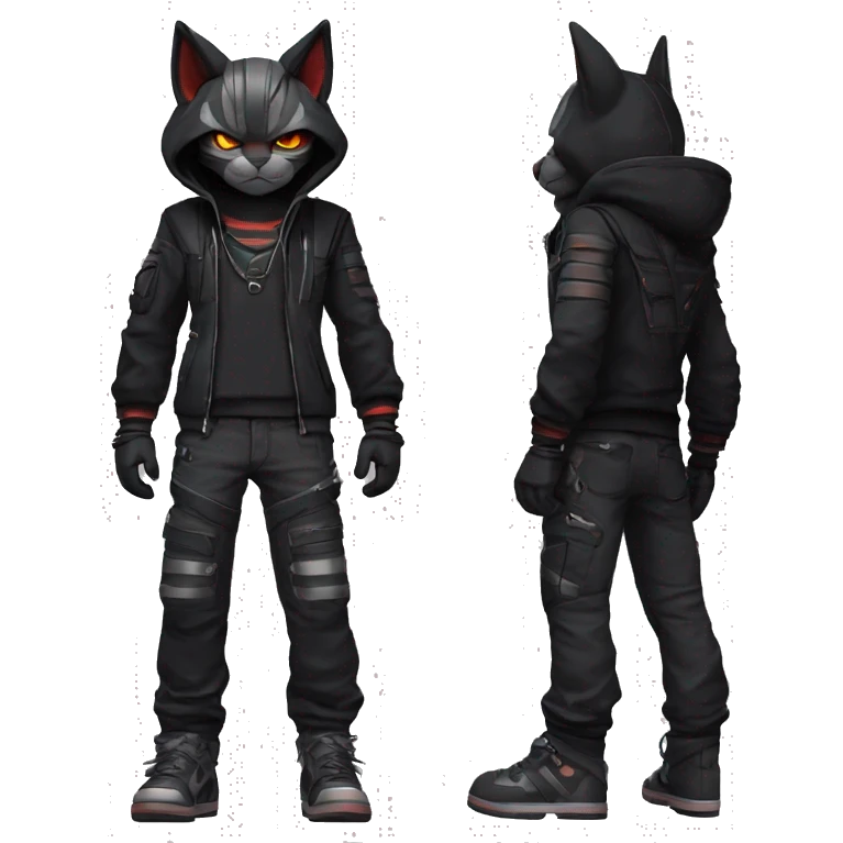 Cool Anthro Black Bat-Nargacuga-Litten-Lynx-Pokémon with edgy stripes hoodie spiked collar punk techwear Cargo Pants Full Body emoji