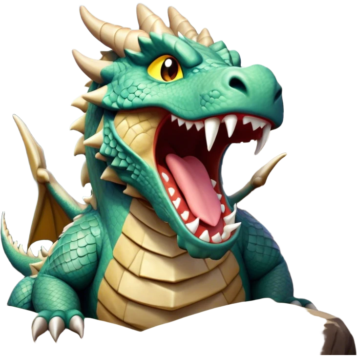 Cinematic Cute Yawning Giant Rock Dragon Portrait Emoji, Head tilted slightly with a dramatic, wide-open yawn, revealing a colossal, rugged body with weathered, rock-like scales and subtly drooping, earthy features rendered in authentic, stony texture; high shine, relaxed yet powerful, styled with a dash of timeless geological charm, soft glowing outline, capturing the essence of a sleepy but stoic rock behemoth ready to settle into an ancient, enduring slumber! emoji