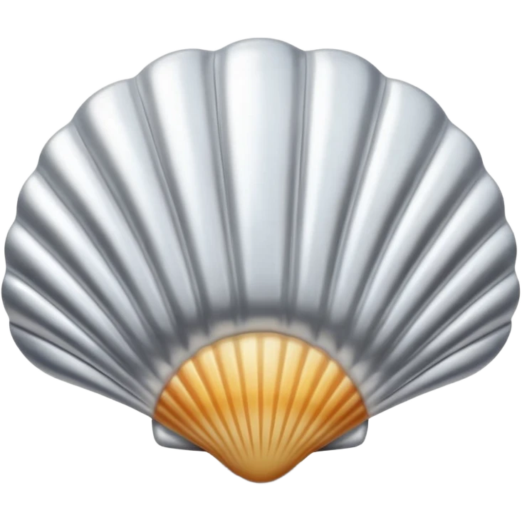 A seashell emoji made of polished silver chrome, smooth curved surface, reflective metallic highlights, elegant minimal design, iOS emoji style, centered, clean white background, soft lighting emoji