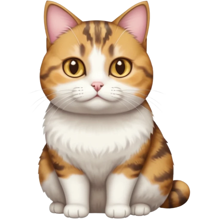 full body torbie and white cat with small head, hazel eyes, and short but chubby body emoji
