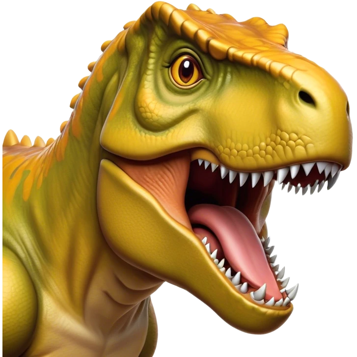 Cinematic Noble T-rex Portrait Emoji, Poised and commanding, with a massive, powerful head, a robust, muscular body, tiny, determined arms, and a fearsome yet noble gaze, Simplified yet sharply defined features, highly detailed, glowing with a cool, primal radiance, high shine, intelligent and formidable, stylized with an air of ancient predatory authority, focused and vigilant, soft glowing outline, capturing the essence of a watchful and confident T-rex that appears ready to roar out of the screen with effortless might! emoji