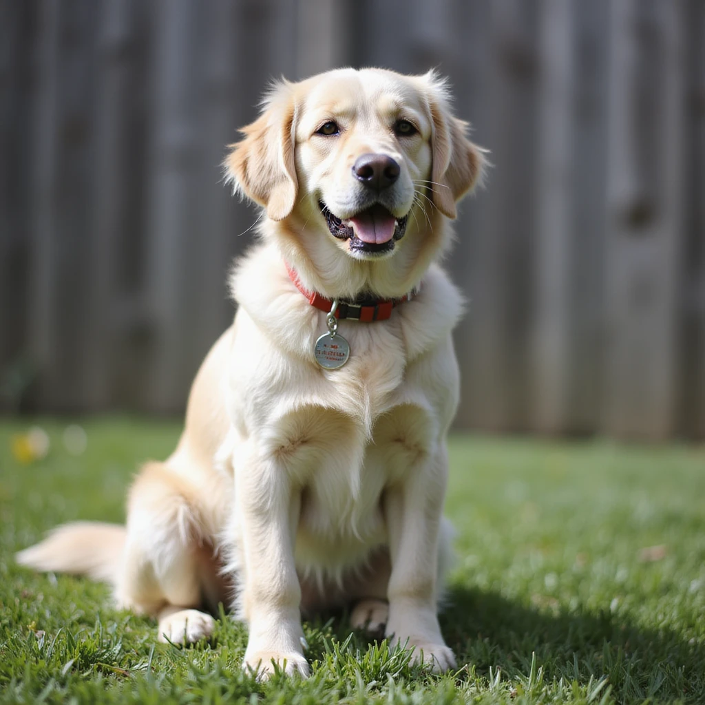 adult english cream golden retriever sitting on grass, facing camera, fence in the background emoji