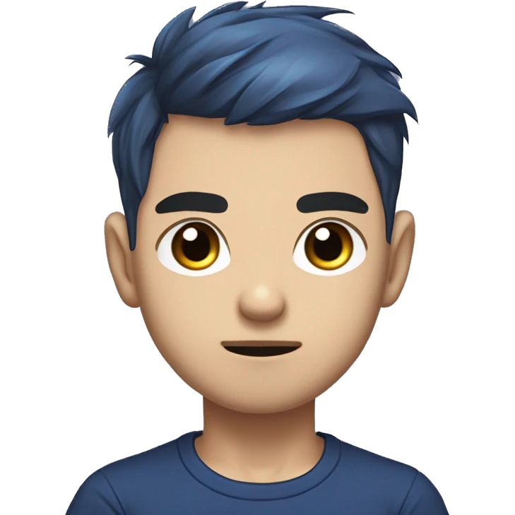 masterpiece,anime,medium shot,illustrated logo,emote for twitch of a boy,chibi,black eyes,wide dark blue t-shirt,high fade haircut,toupee,funny serious face emoji