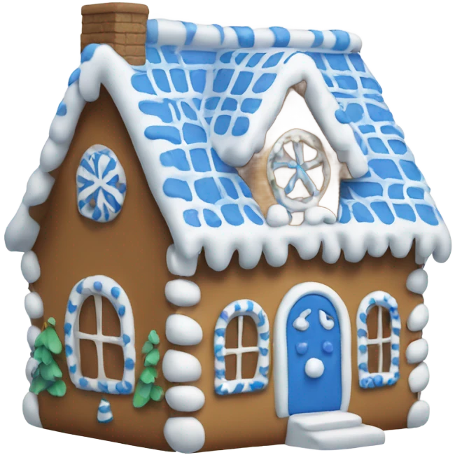 A blue and white gingerbread house emoji