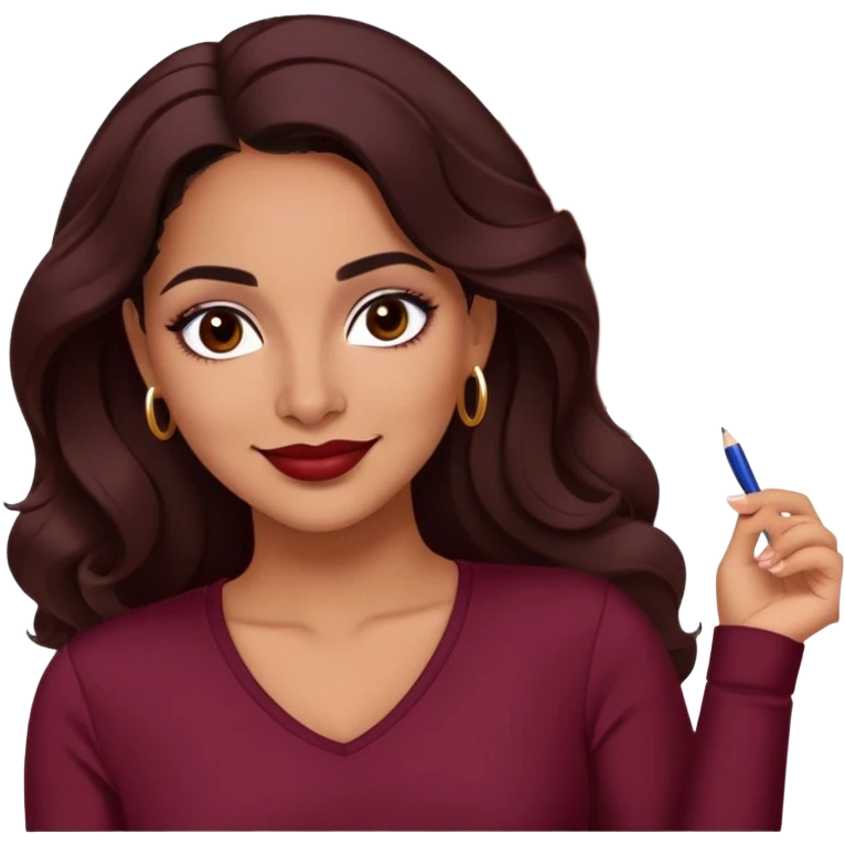Puerto Rican actress Lynette Torres, woman with warm brown skin, attractive elegant features, expressive dark eyes, well-defined eyebrows, straight nose, friendly smile, long dark wavy hair, wearing a fashionable burgundy top emoji