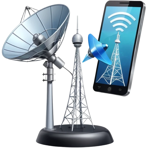 An icon featuring a satellite dish, a cell tower emitting signals, and a smartphone displaying a chat interface. The design includes fiber-optic cables and data waves, symbolizing global communication, connectivity, and information exchange. Transparent background. emoji