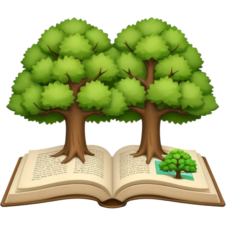 A 3D cartoon open book showing illustrations of two trees—one green and one dry—clean background, soft shadows, realistic Memoji-style look. emoji