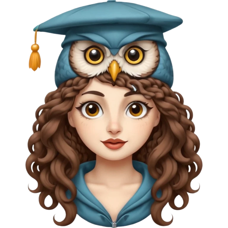 portrait woman long curly brown hair brown eyes white skin tattoos wearing owl hat oversized, playful wink emoji