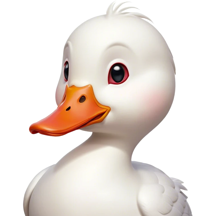 Cinematic Comical White Duck Portrait Emoji, Head tilted dramatically with an exaggeratedly amused expression, featuring a striking, glossy white plumage with a quirky red bill, wide, expressive eyes filled with playful disbelief, Simplified yet hilariously expressive features, highly detailed, glowing with a slightly sassy glow, high shine, dramatic yet playful, stylized with an air of cheeky mischief, bright and endearing, soft glowing outline, capturing the essence of a spirited and over-the-top duck, so meme-worthy it feels like it could quack its way into internet fame instantly! emoji
