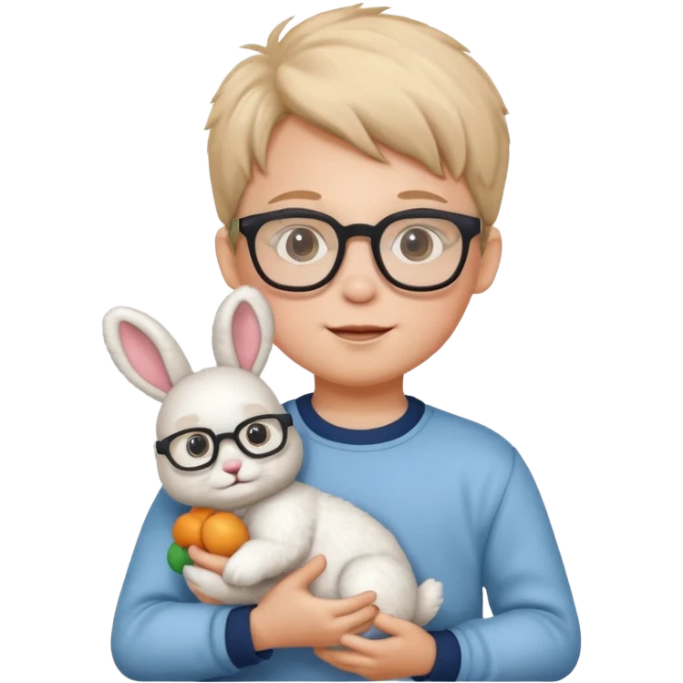 boy kid with glasses → holding a toy rabbit emoji