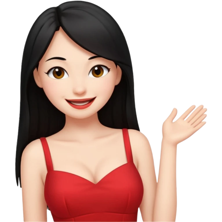Chica joven pelo sémi largo color negro lacio delgada con con pechos grandes vestido rojo con sonrisa amigable y guiñando el ojo emoji