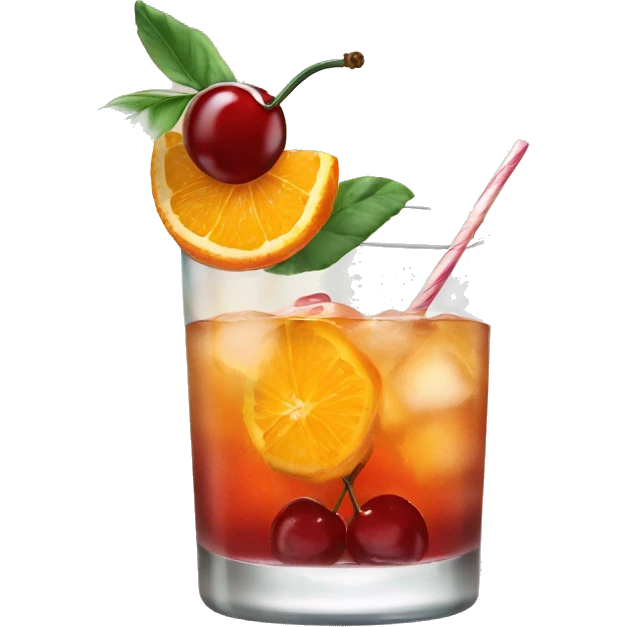 Cocktail garnished with an orange and a cherry emoji