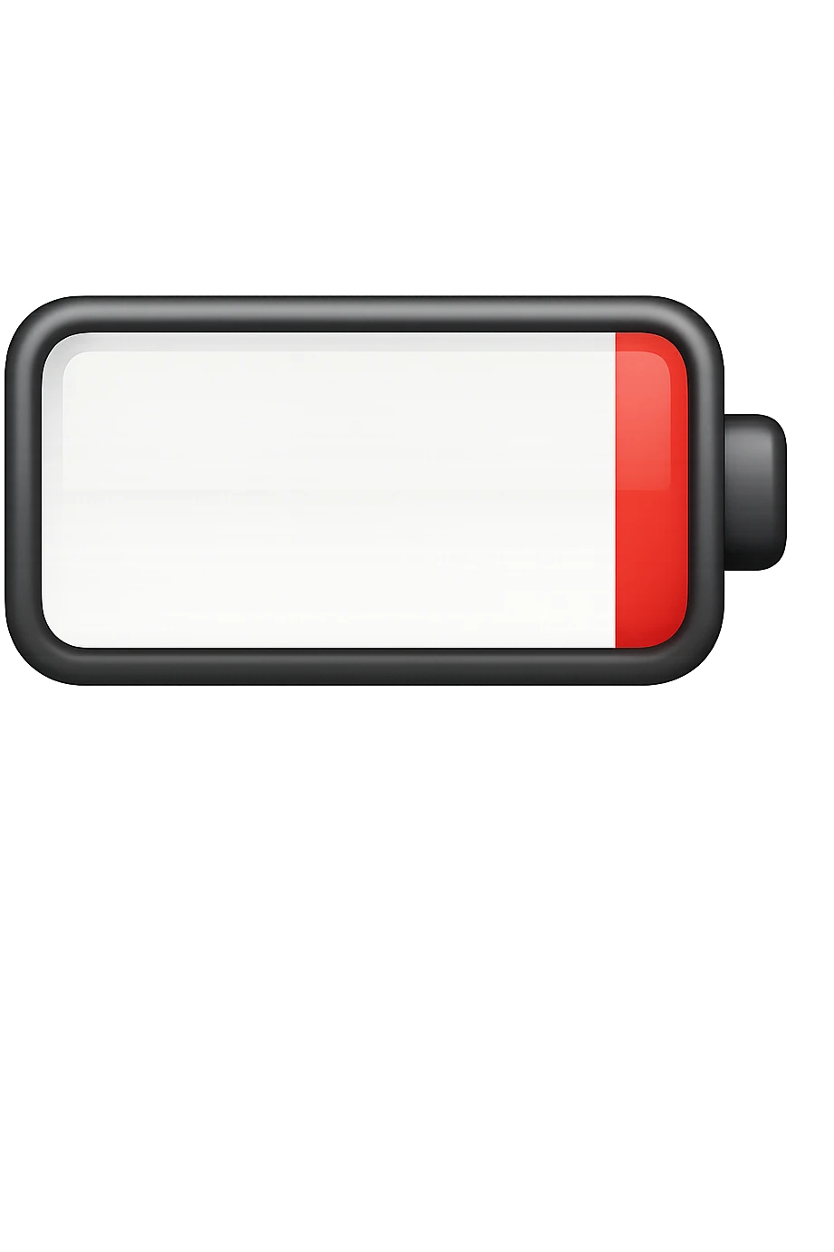 iPhone-style emoji of a battery that is almost empty, with a red bar at the end indicating low energy. Clean, minimal, glossy look, transparent background. emoji