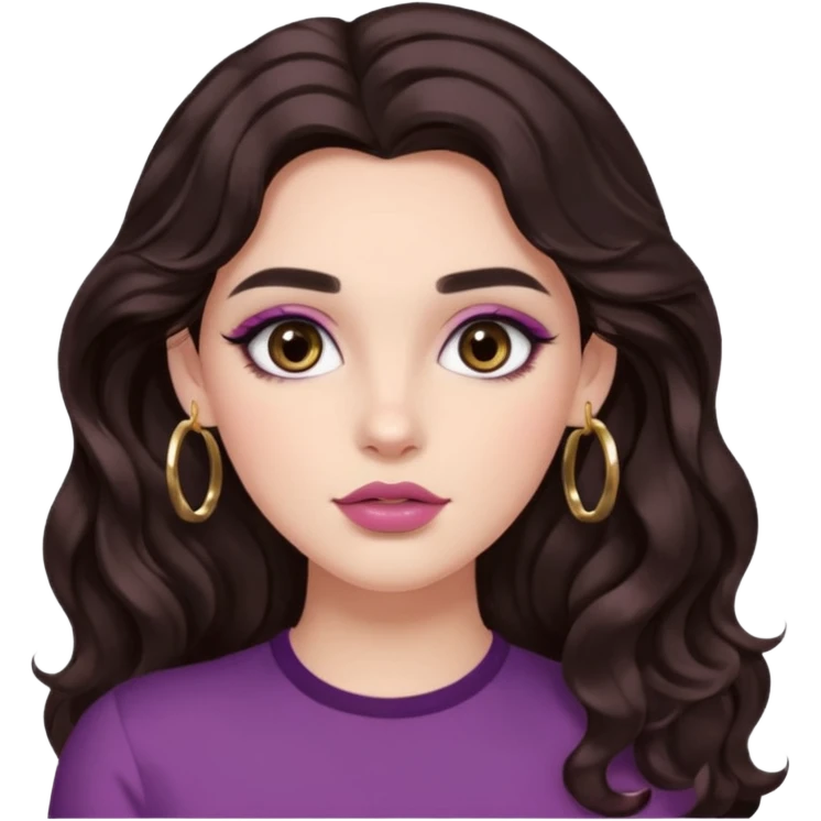 Woman with long dark brown wavy 2b hair, big brown eyes, thick brows, fair/light-medium skin, rosy blush, glossy mauve lips, gold hoops, and soft natural glam makeup. emoji
