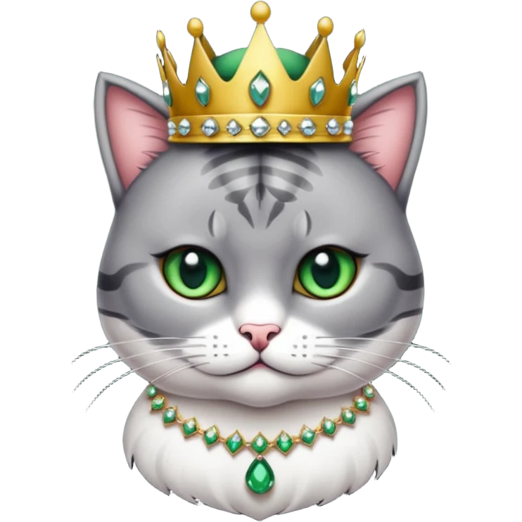 Gatito gris oscura con rayas negras ojos verdes vestida de reina con coronas y diamantes, más peluda y gordita  emoji