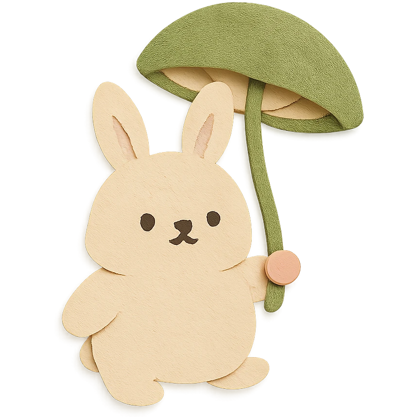 chubby bunny holding a mushroom umbrella, pastel beige and moss green, paper craft style emoji