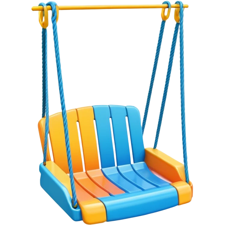 a colorful plastic swing with a safety bar in front, hanging from two ropes, glossy surface and soft shadows emoji