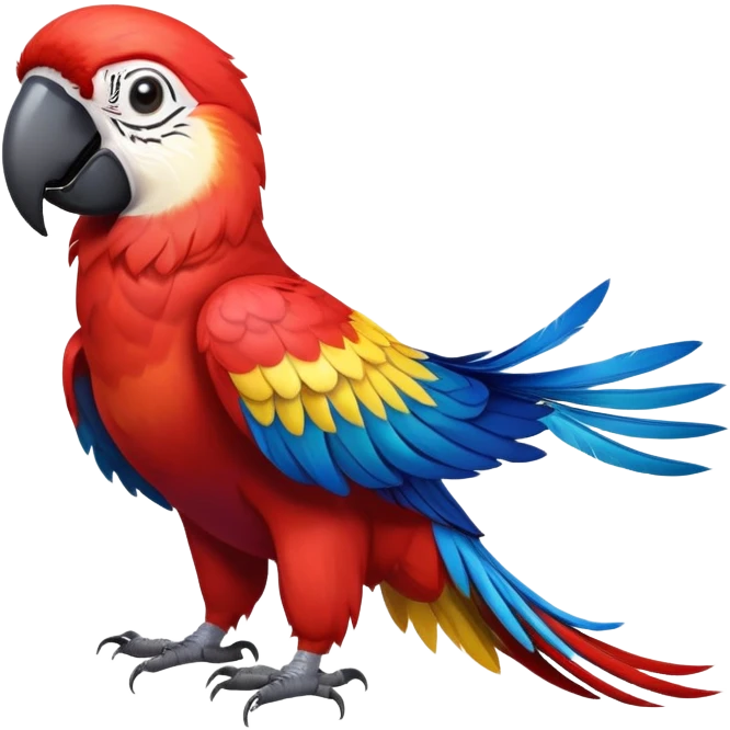 cinematic-macaw-realistic-full-body-standing-emoji,-vibrant-feathers-glowing-with-rich-reds,-blues,-and-yellows,-head-tilted-dramatically,-curved white-beak-gleaming,-piercing-dark-eyes-exuding-confidence,-simplified-yet-realistic-focused emoji