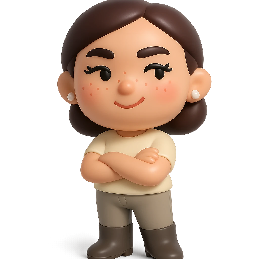 Edit the figure to have a cream-colored blouse, greige jeans, dark greige mid-calf Santiago boots, dark brown bob haircut tied back, small freshwater pearl earrings, rosy cheeks, eyelashes, light freckles, mischievous expression, arms crossed. No hat or other accessories. Transparent background. emoji