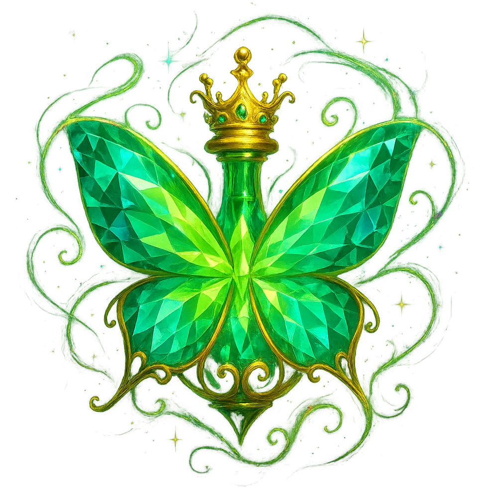 Surround the butterfly with elegant, swirling magical sparkles and glowing effects inspired by luxury elixir bottles. Do not change the butterfly itself, only add magical, floating, iridescent sparkles and glowing energy around it. Transparent background, no shadow or base. emoji