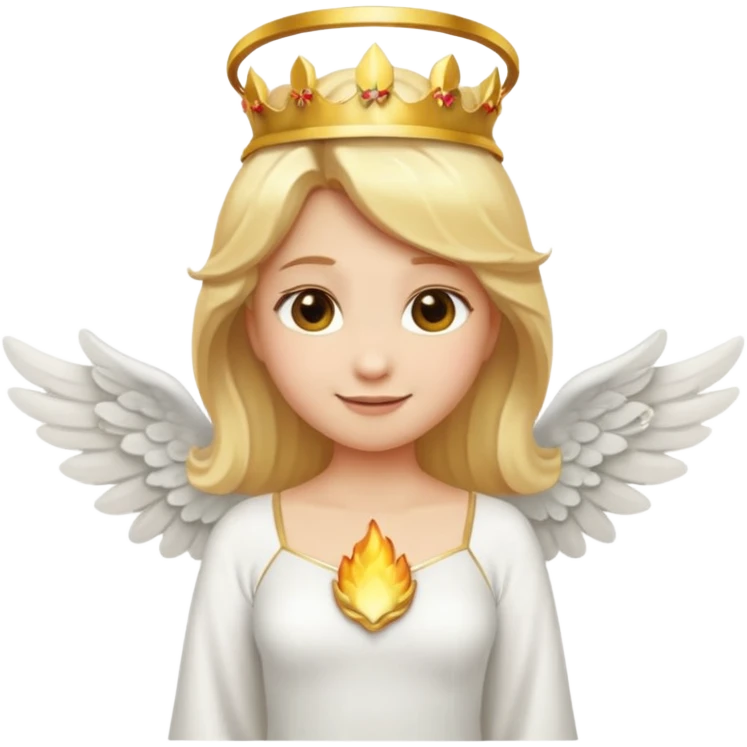 Emoji-style angel: blonde hair, golden flame crown, halo, large detailed wings, white dress, visible feminine body shape, cute smooth emoji look. emoji