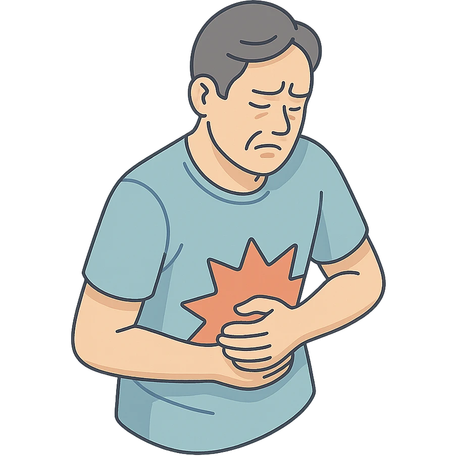 detailed 2D isometric illustration of a person (patient) with stomach pain, chest up, close-up, holding stomach, expression of severe pain, soft rounded shapes, shadows and highlights, clean contours, pastel palette, modern illustration, transparent background emoji