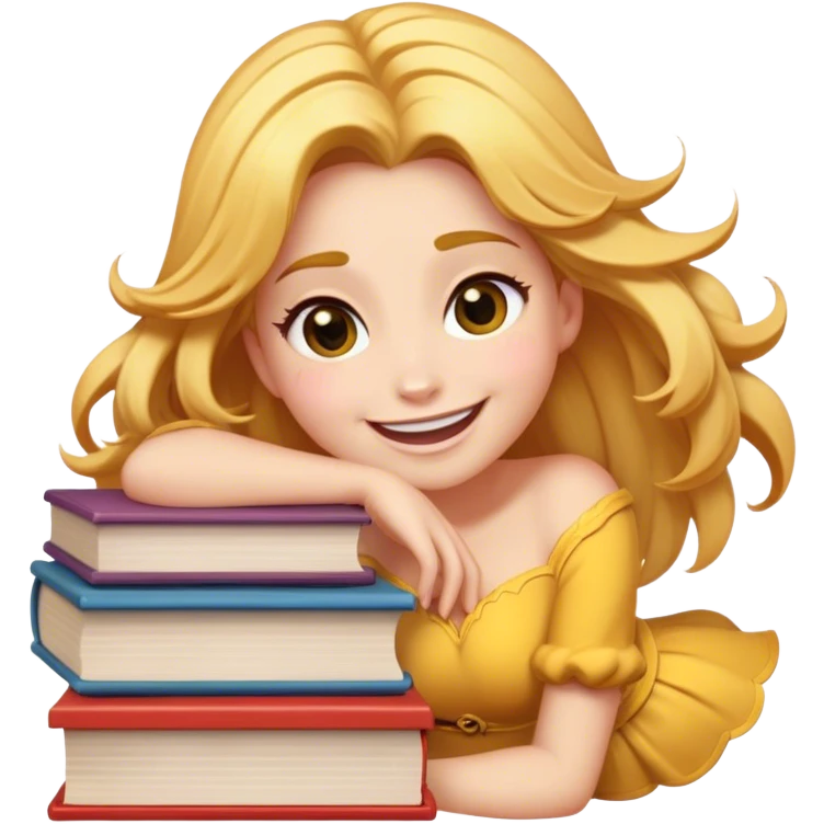 Cinematic Adorable Belle Portrait Emoji, Giggling as she hugs a stack of books, eyes twinkling with excitement, golden hair tousled slightly, a perfect mix of beauty and endearing nerdiness! emoji