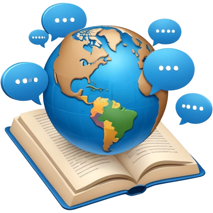 An icon showing a globe surrounded by speech bubbles with greetings in different languages, like 'Hello,' 'Hola,' and 'Bonjour.' The design includes an open book and a quill, symbolizing learning and communication. Transparent background emphasizes global connection through language. emoji