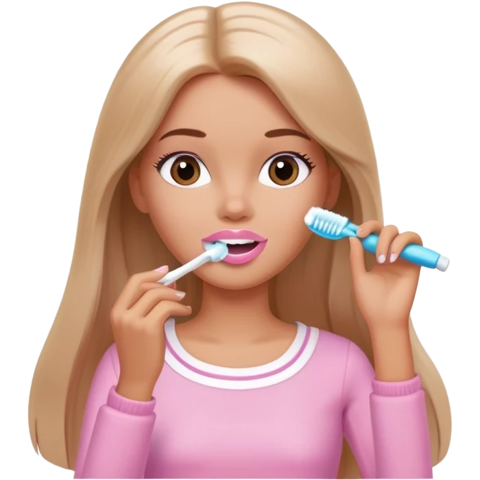 A white Barbie girl with long brown straight hair in pale pink clothes brushes her teeth emoji