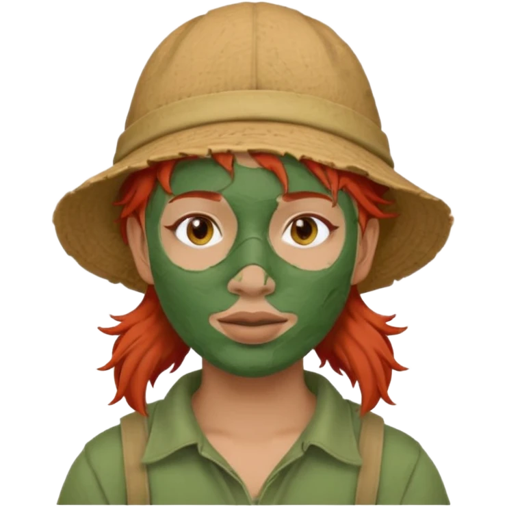 messy green full face clay mask and tourist hat red hair  emoji