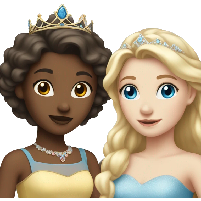One brunette girl with brown eyes dressed like a princess and a blonde girl with blue eyes dressed like a princess  emoji