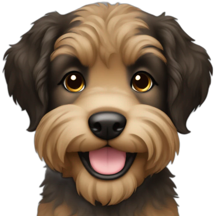 bouvier fawn brown and black puppy face very long hair smiling emoji