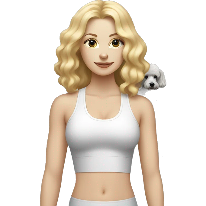 white woman with long blonde hair and cat shaped eyes wearing a yoga outfit standing alongside a black and white poodle emoji