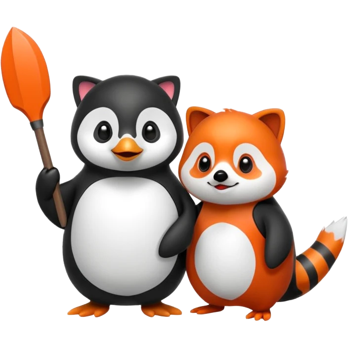 A cartoon  cute cartoon penguin. Next to it is a cartoon red panda holding its flipper  emoji