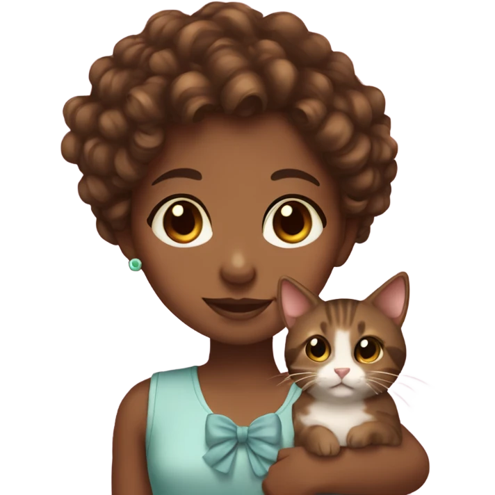 Girl with brown eyes brown skin and brown curly hair holding a cute cat with a bow emoji