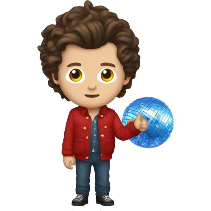 harry styles with a red overall and a disco ball emoji