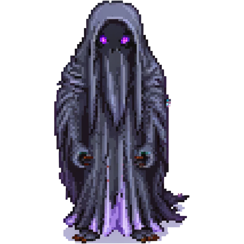 a mysterious black tall ghost with long hair hiding shiny purple eyes, pixel art style emoji