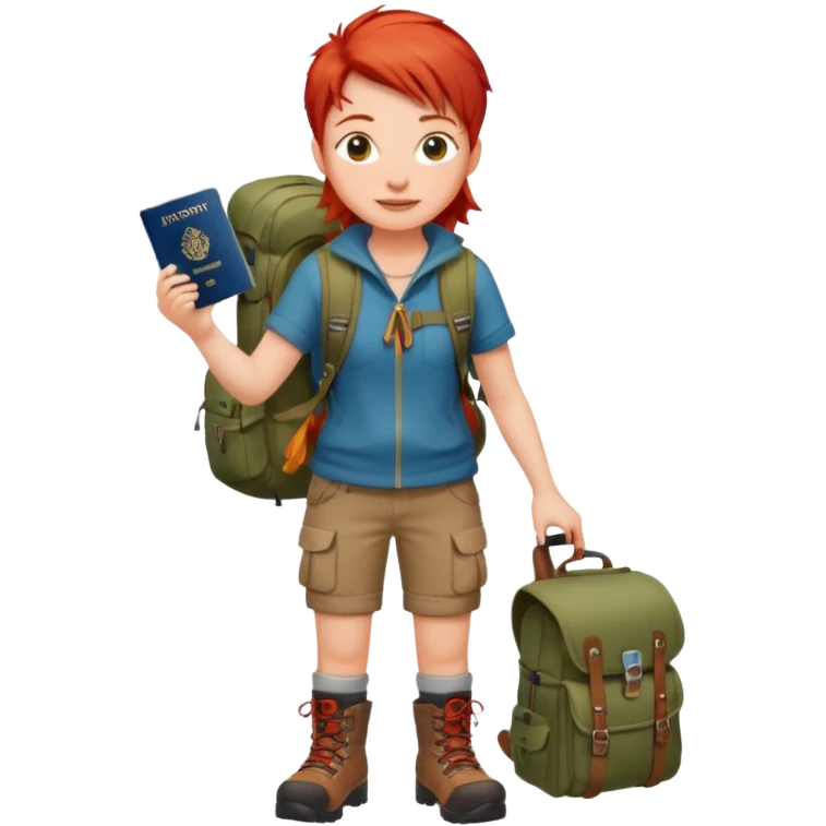 red haired Traveler character with passport, backpacker,  emoji