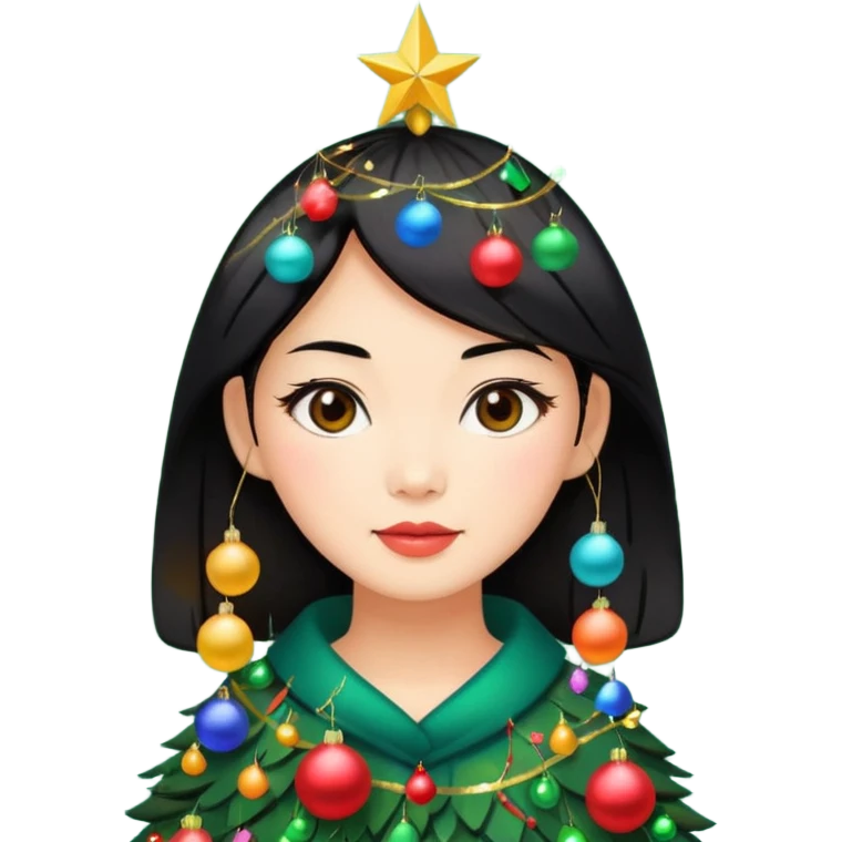 a asian woman whose black hair is a Christmas tree emoji
