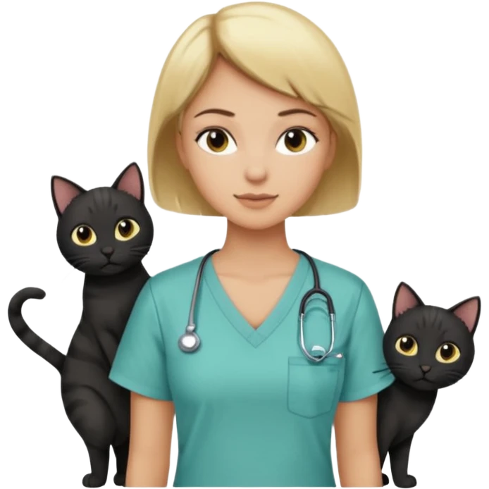 Woman with short blonde hair and tan skin wearing a scrub top with black cats on the scrub top emoji