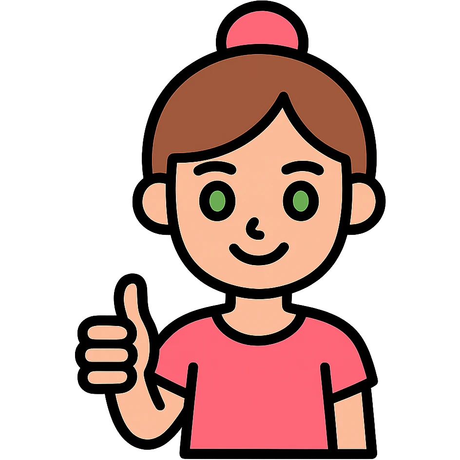 girl with pink topknot haircut and green eyes giving a thumbs up emoji