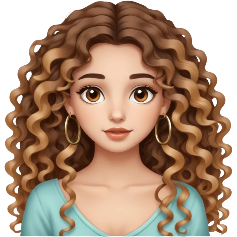 cute very long curly/wavy balayage haired girl, clean natural girl makeup, hoop earrings, brown eyes  emoji