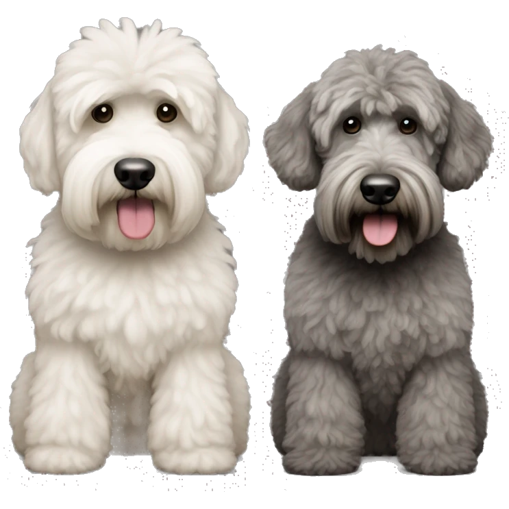 2 dogs, one is a dark grey whoodle with a poodle cut, the other is a wheaten terrier. Make both same size emoji