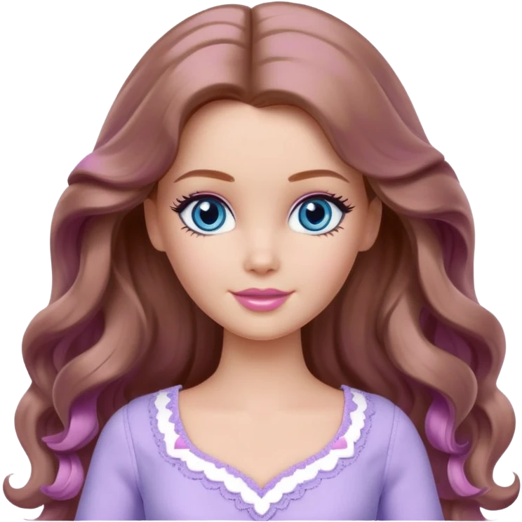Barbie girl Chestnut long wavy hair and blue eyes is In pale purple clothes There are grey hearts above the head emoji