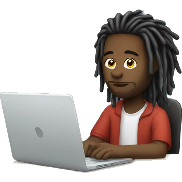 Black guy with dreads-sitting-down-on-chair facing right-handsided -focused-on-laptop-computer  emoji
