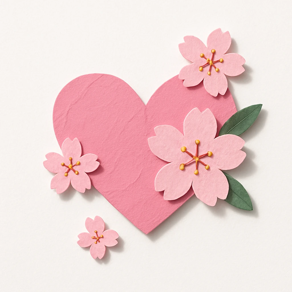 pink heart with sakura flowers, paper craft style, textured and layered emoji