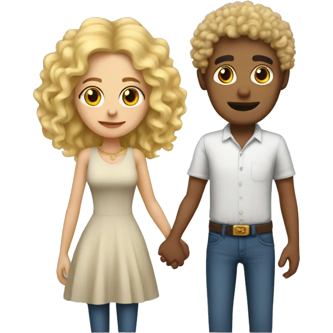 Mexican man with curly hair holding hands with a fake blonde girl emoji