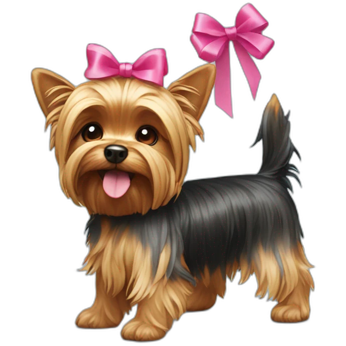 yorkshire terrier standing on his back paws with a ribbon on his head emoji